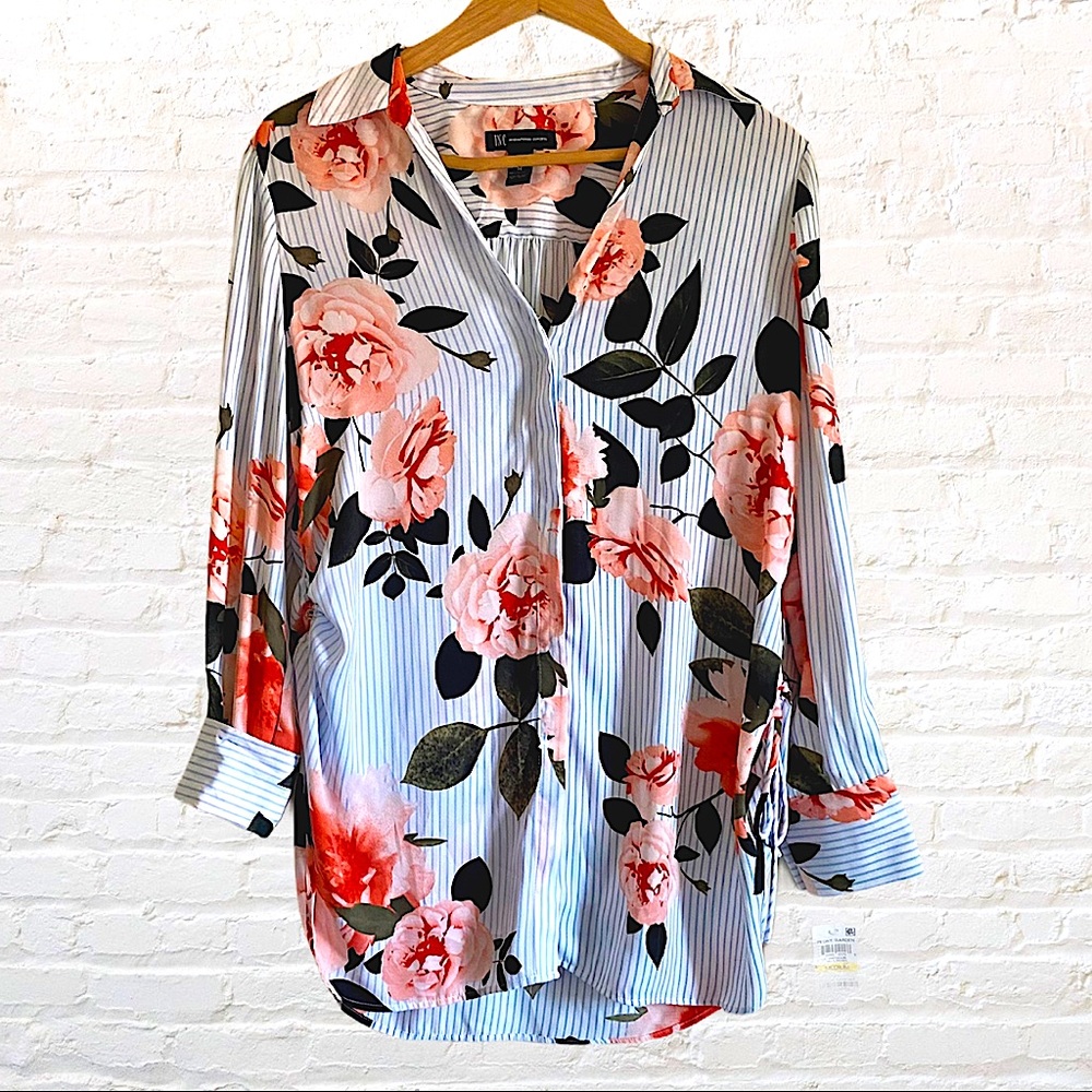 INC INTERNATIONAL STRIPED FLORAL ADJUSTABLE SIDE SLIT BLOUSE - Picture 1 of 11